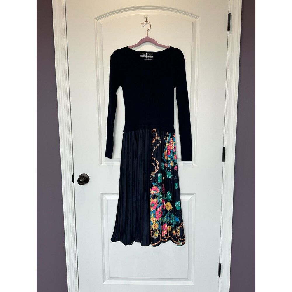 NWT Dalia MacPhee Navy Floral Ribbed Maxi Dress Size Large